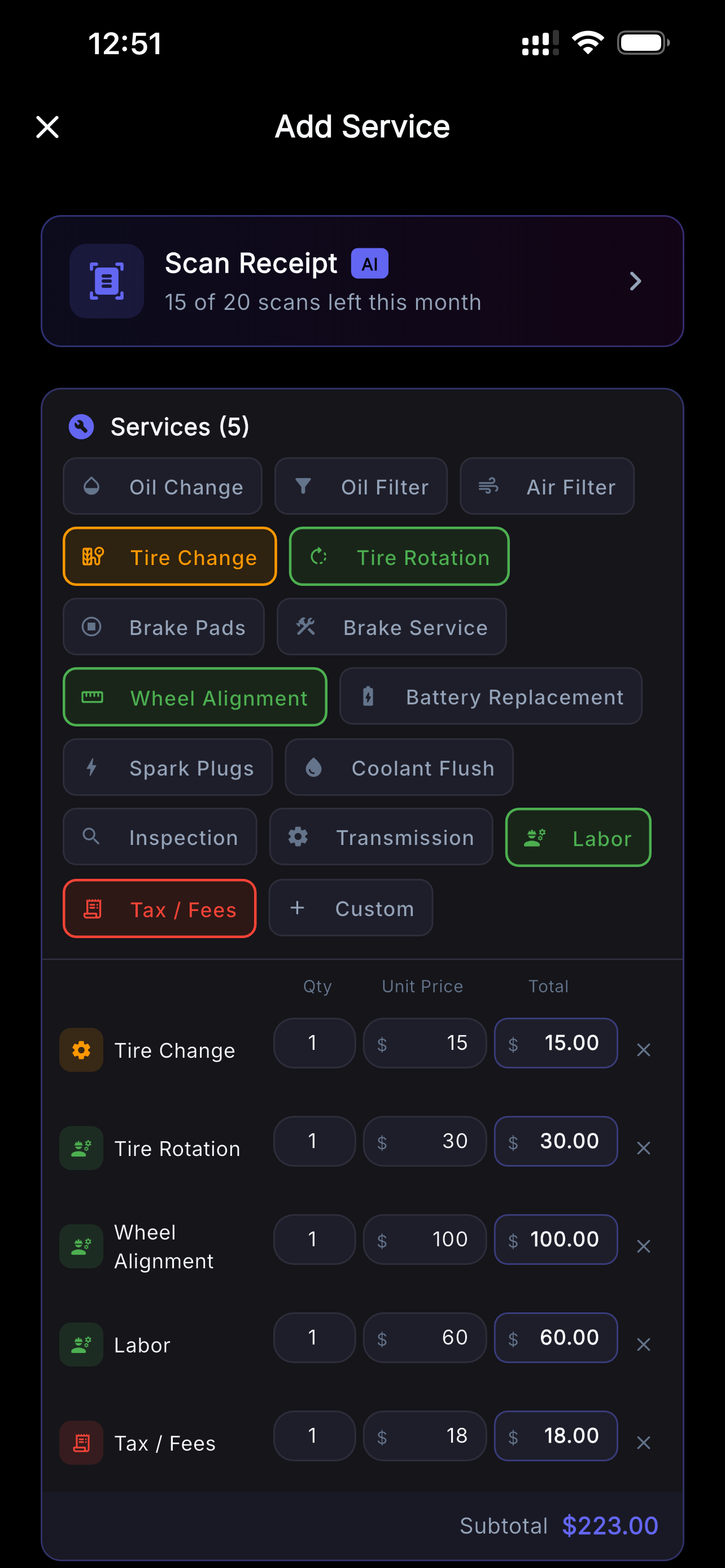VehIQ Add Service: line items with Tire Change, Rotation, Alignment and more