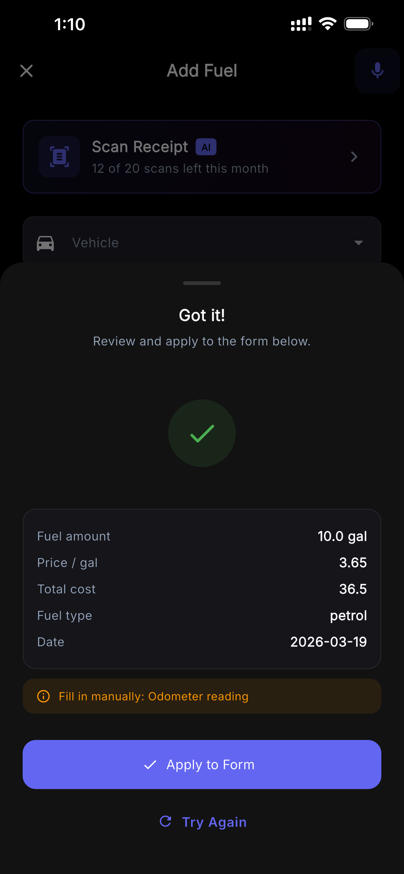 VehIQ AI Receipt Scan: instant fuel data extraction