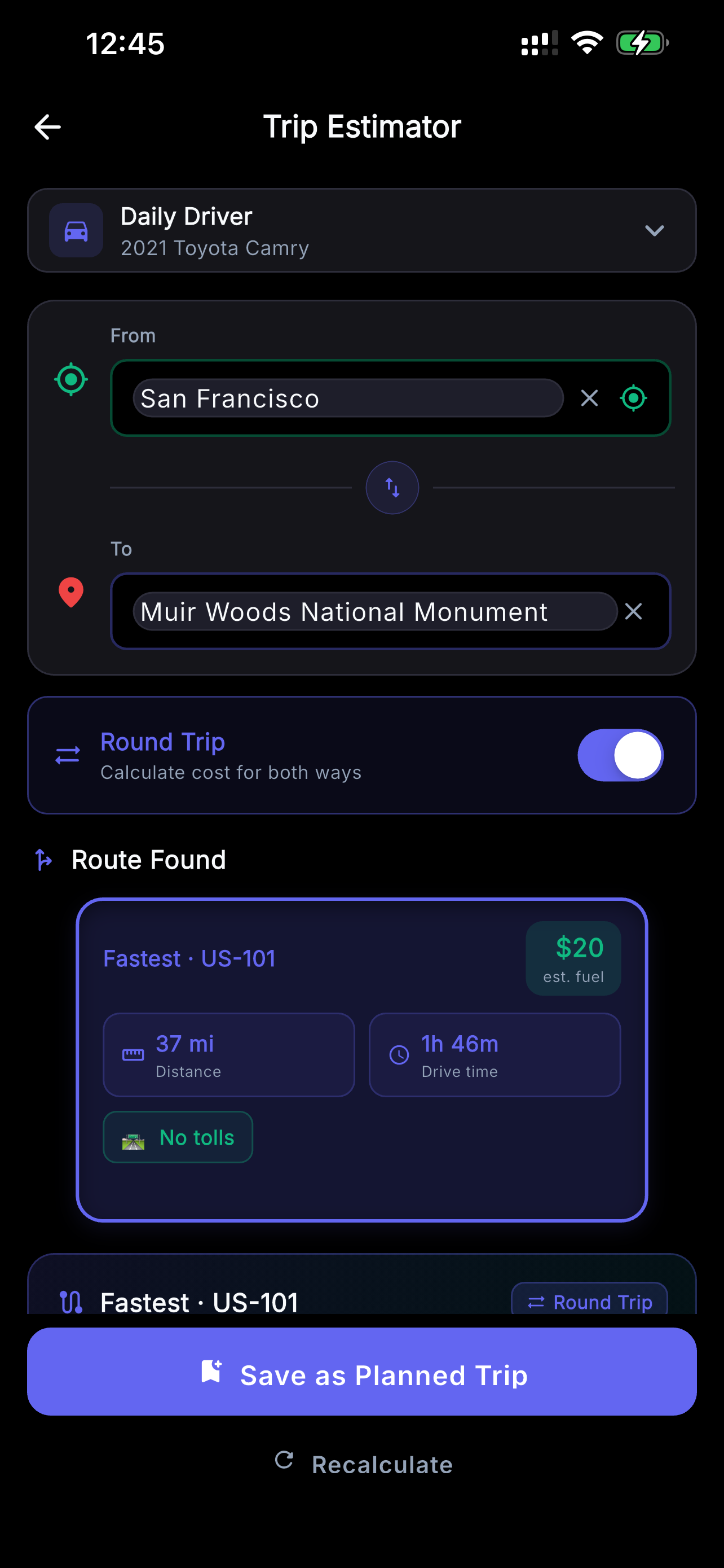 VehIQ Trip Estimator: fuel cost and route planning